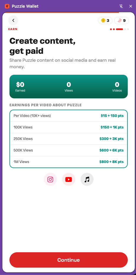 ZKPuzzle Wallet 'Create content, get paid' screen showing earnings tiers from $15 + 150 points per video at 10K views to $800 + 8K points at 1M views.