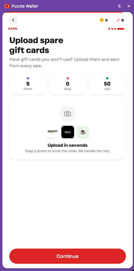 ZKPuzzle Wallet 'Upload spare gift cards' screen showing earnings counters across Points, Shop, and USD with Amazon, Uber, and other gift card brands.