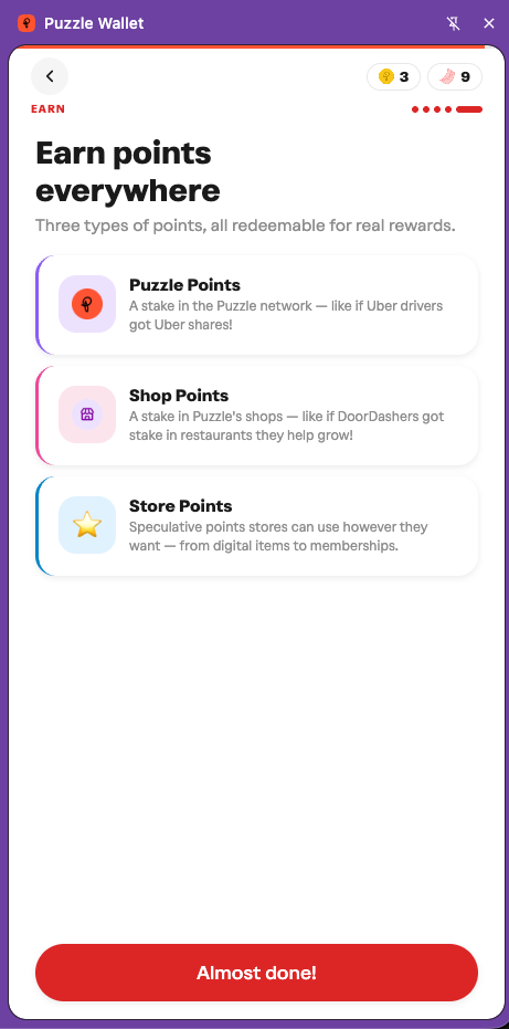 ZKPuzzle Wallet 'Earn points everywhere' screen showing the three types of points: ZKPuzzle Points (network stake), Shop Points (shop ecosystem stake), and Store Points (speculative store-specific currency).