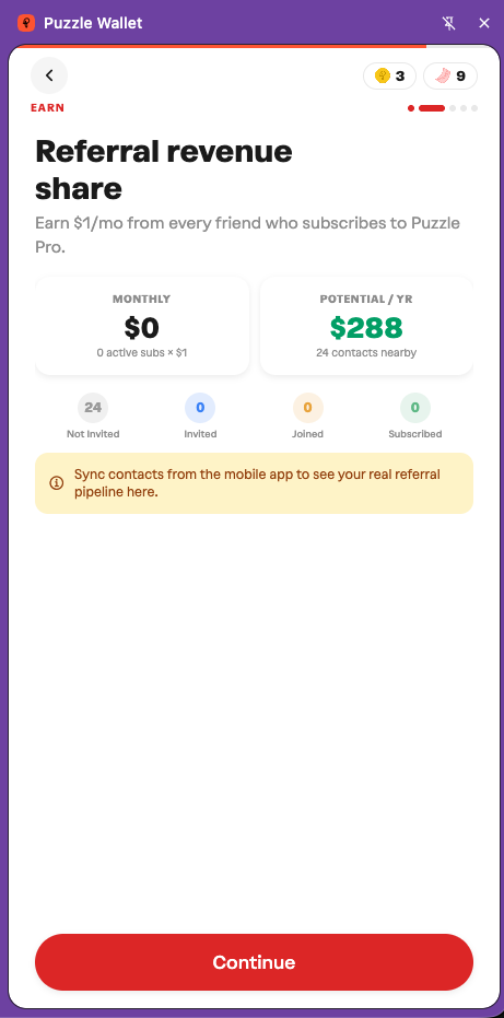 ZKPuzzle Wallet 'Referral revenue share' screen showing a $288 potential per year from 24 contacts nearby, $1 per month per ZKPuzzle Pro subscriber referred.