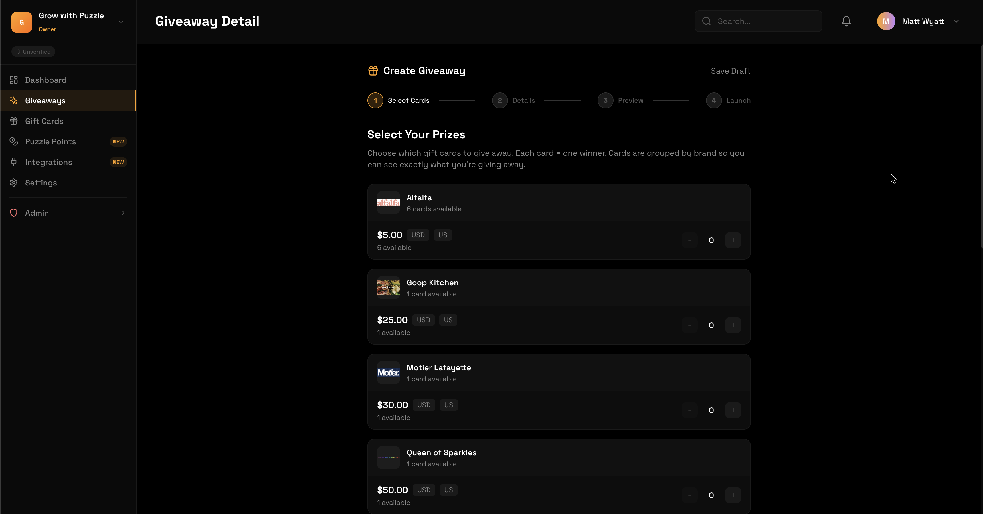 Create giveaway — select prizes