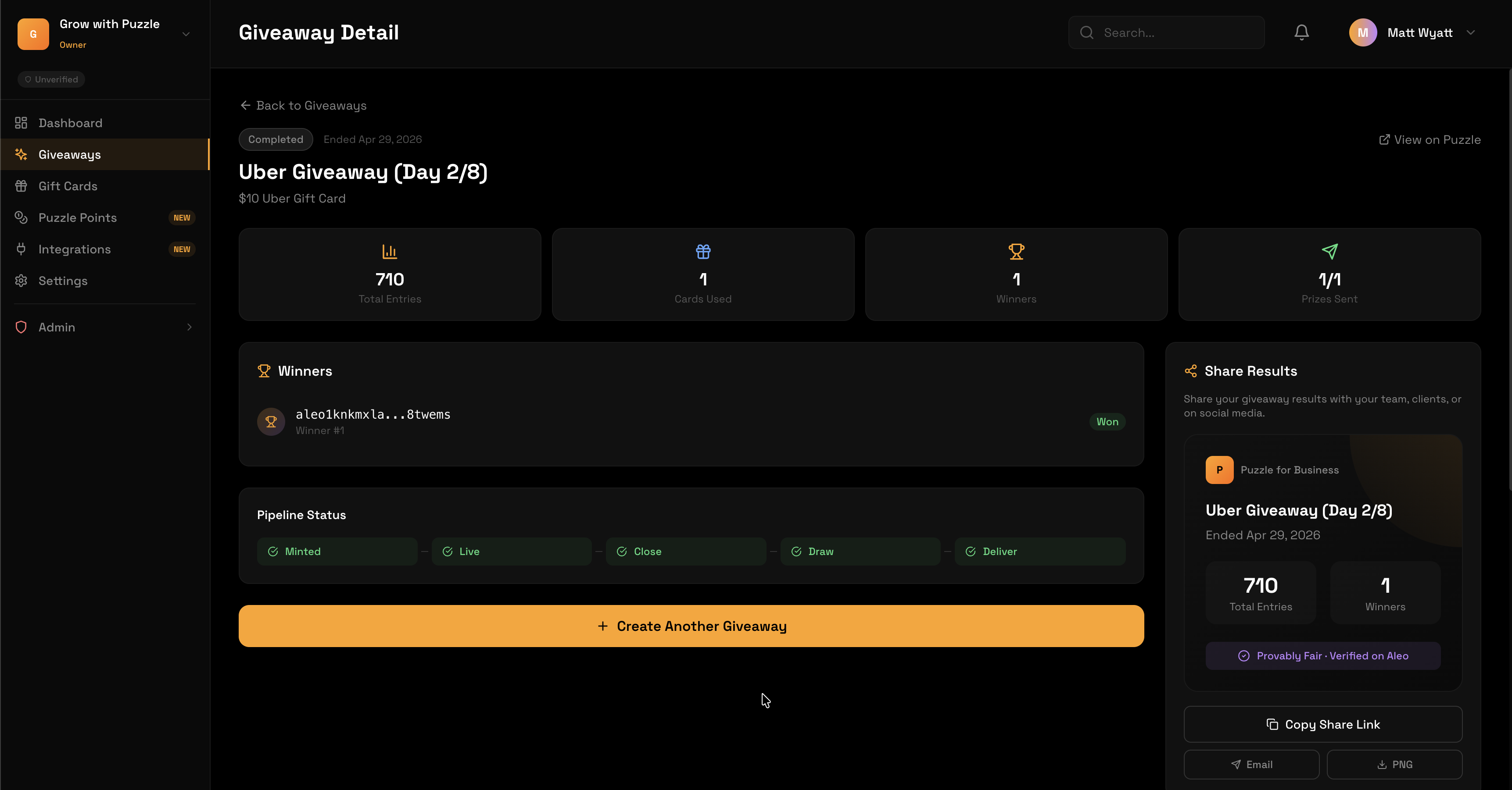 Uber giveaway results dashboard
