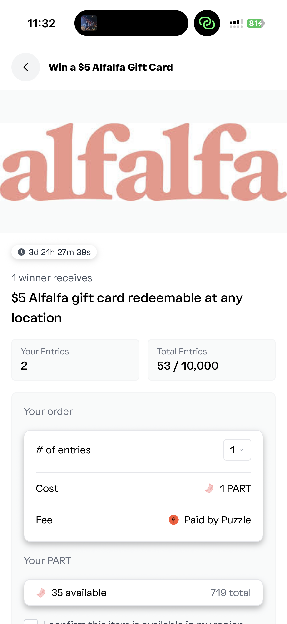 Player entering the Alfalfa giveaway